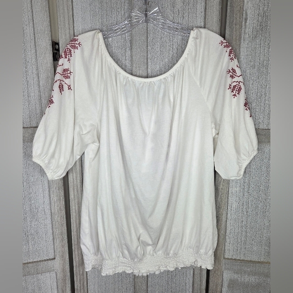 Roper Womens Embroidered Peasant Blouse Size XL White/Burgundy Snap Front - Picture 3 of 7